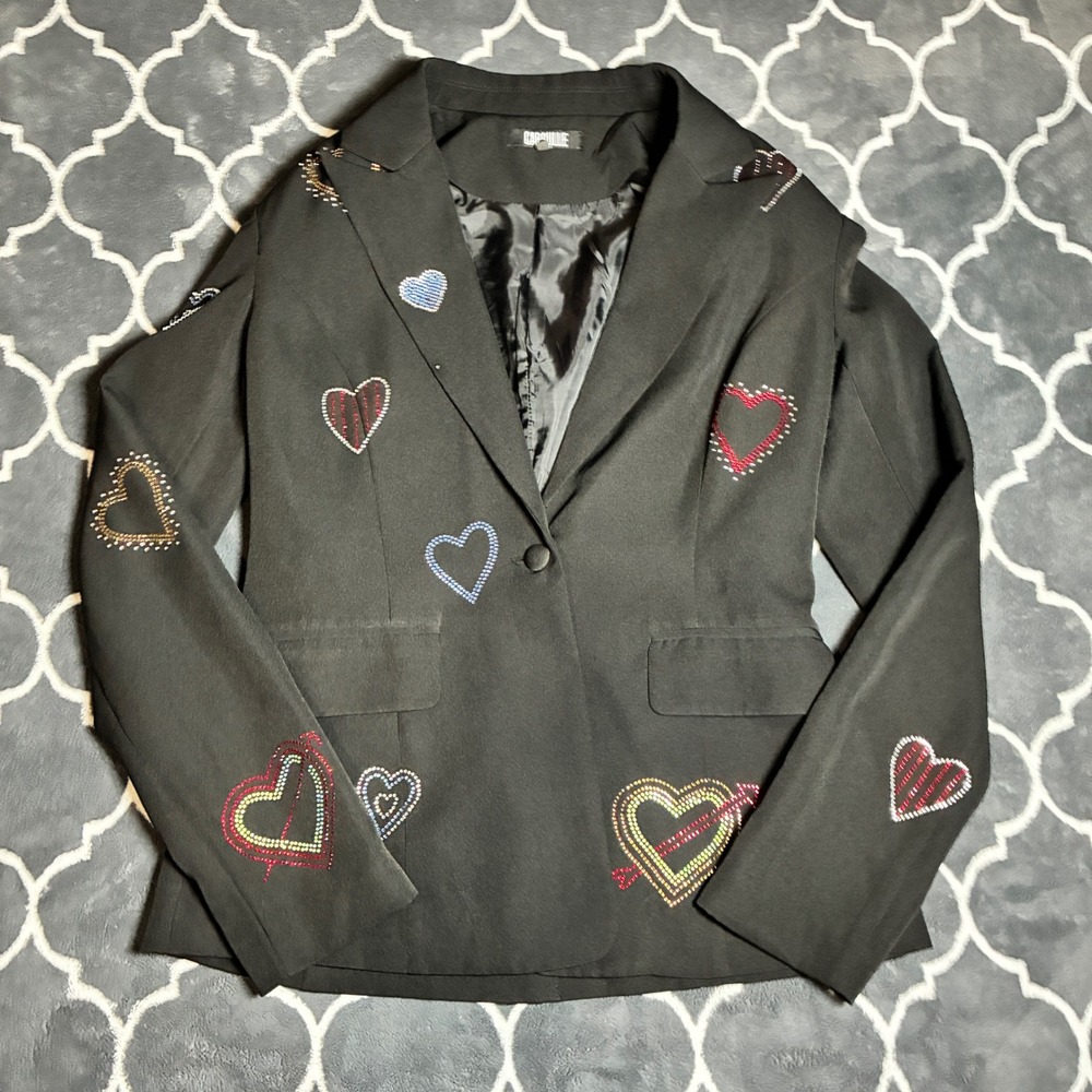 Capsulle Womens Black Rhinestone Heart Blazer Jacket Small Single Button CC50470